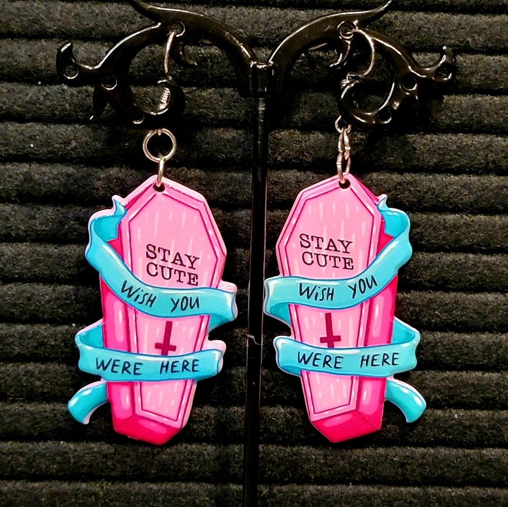 Wish You Were Here Earrings | Coffin Acrylic | Kawaii Pastel Bubblegum Pink Goth